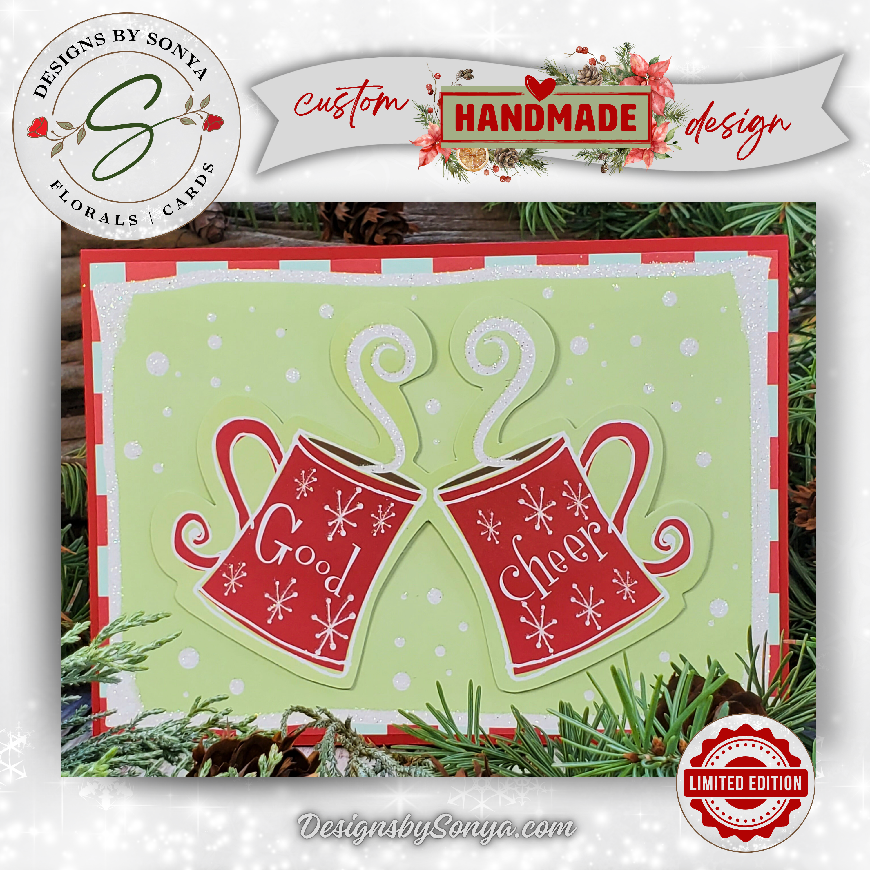 Good Cheer Holiday Card with Red Mugs | Handcrafted A7 Christmas Card | Fun Festive Greeting for Friends, Family, or Corporate Gifting