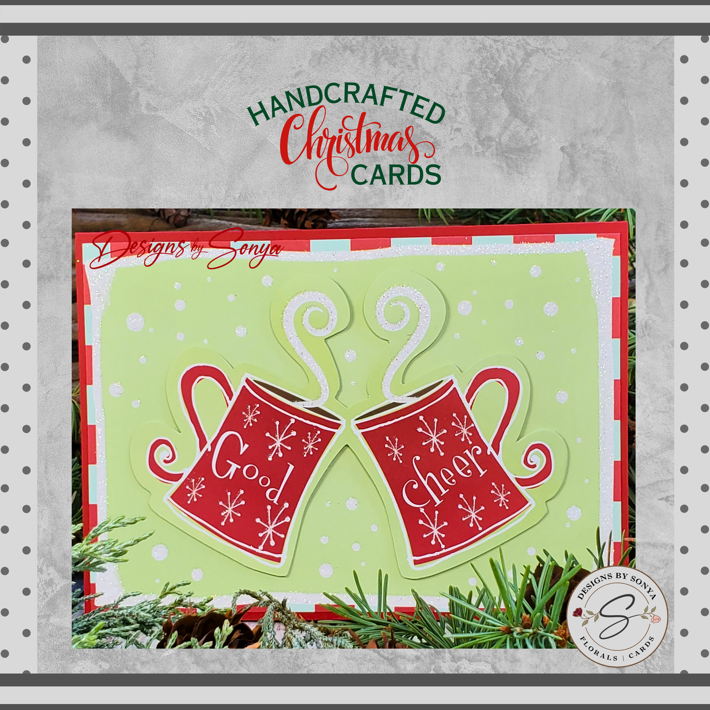 LIMITED EDITION | Festive Good Cheer Glitter Mugs | 5" x7" Sparkling Christmas Card | Custom Designed 3D Layered | Unique Holiday Greetings