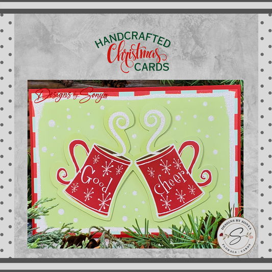 LIMITED EDITION | Festive Good Cheer Glitter Mugs | 5" x7" Sparkling Christmas Card | Custom Designed 3D Layered | Unique Holiday Greetings