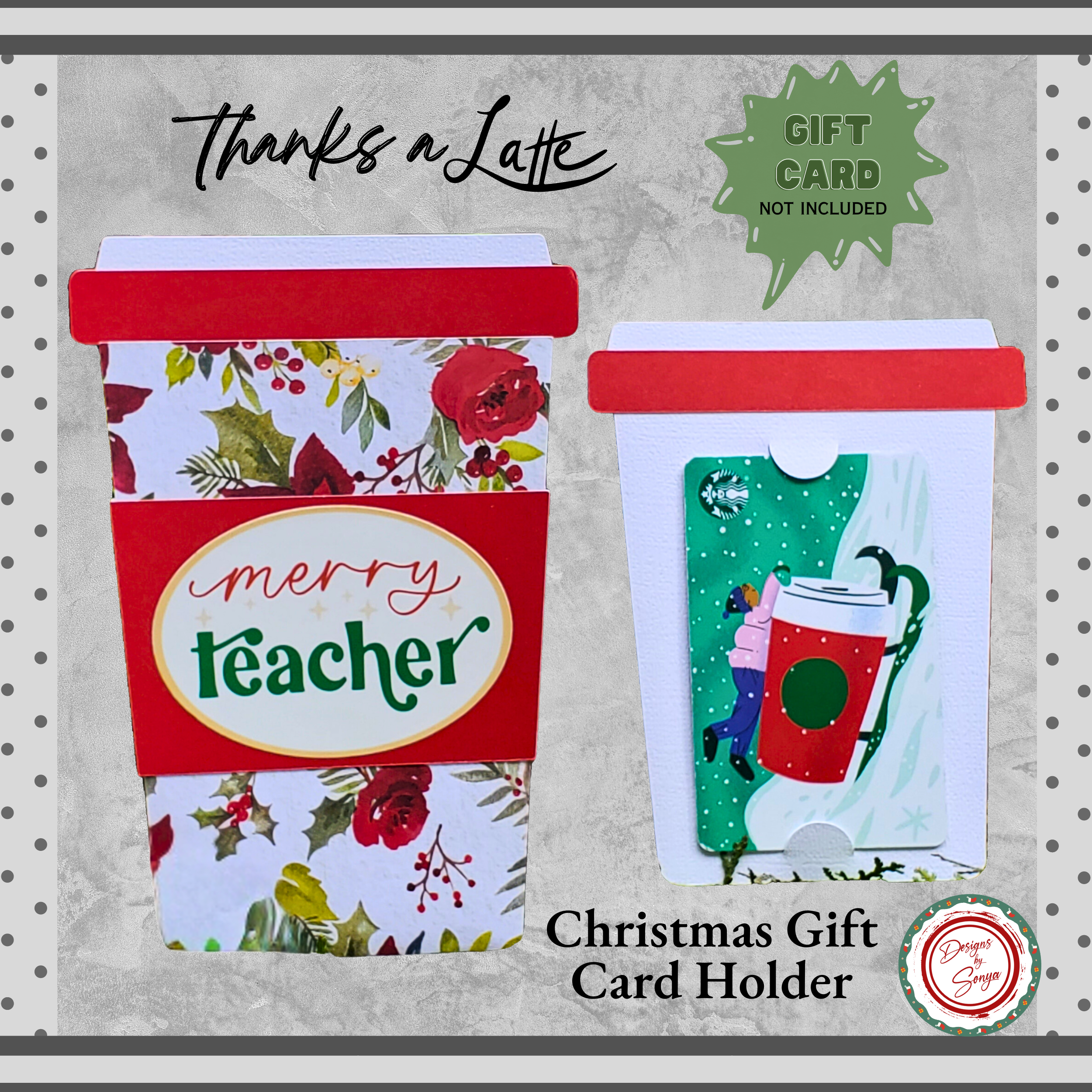 Merry Teacher Coffee Cup Gift Card Holder | Thanks a Latte | Christmas Teacher Gift | Holiday Pull-Out Sleeve with Envelope