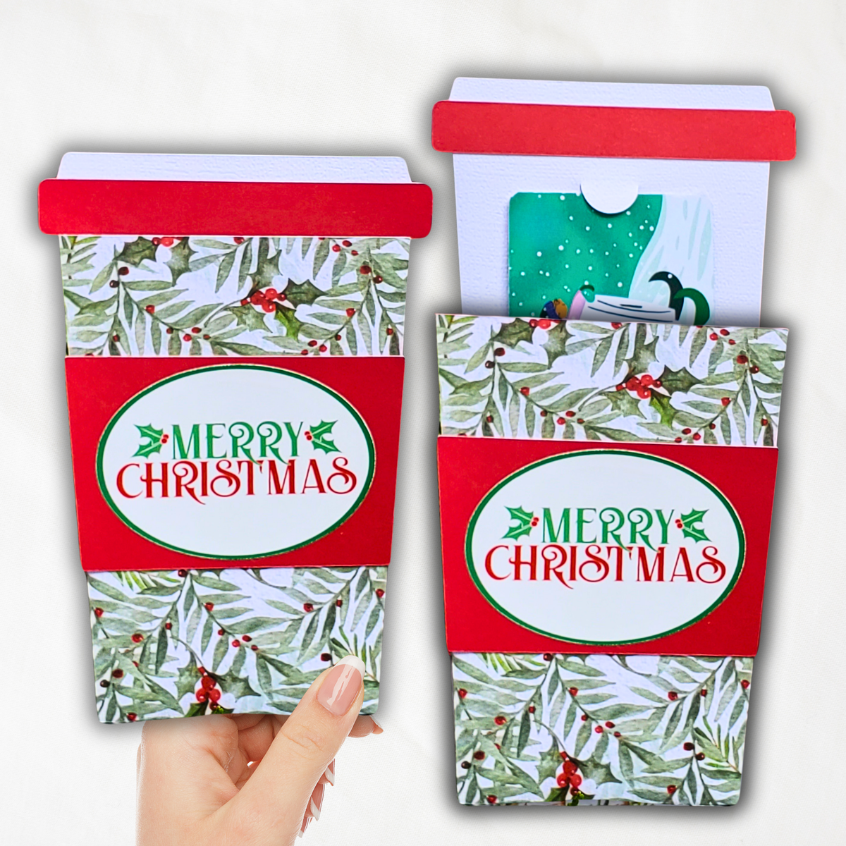 Handmade Christmas Gift Card Holder | Coffee Cup Gift Card Holder for Teachers, Coworkers & Coffee Lovers | Winter Greenery & Holly Design