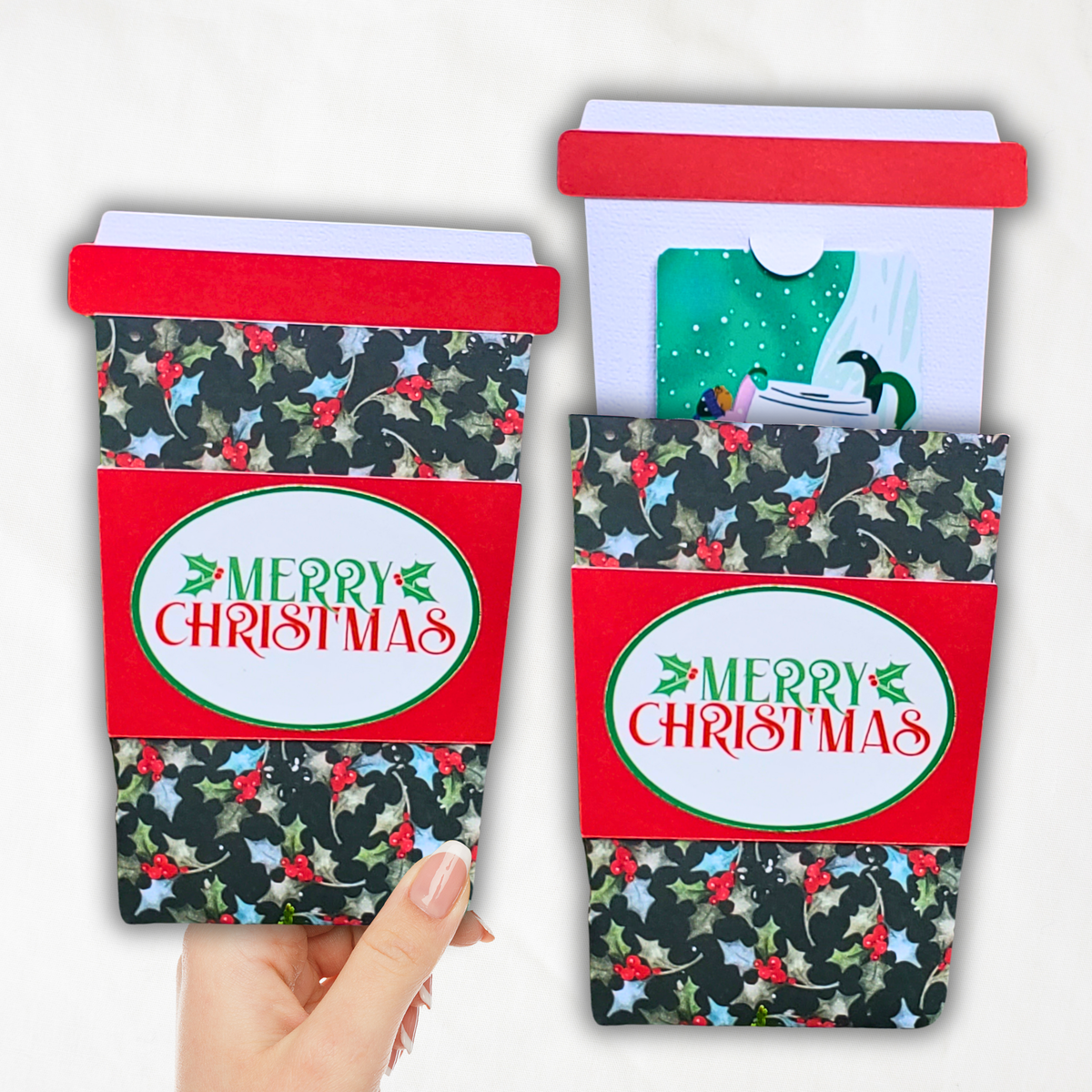 Handmade Christmas Gift Card Holder | Coffee Cup Gift Card Holder for Teachers, Coworkers & Coffee Lovers | Holly & Red Berries Design