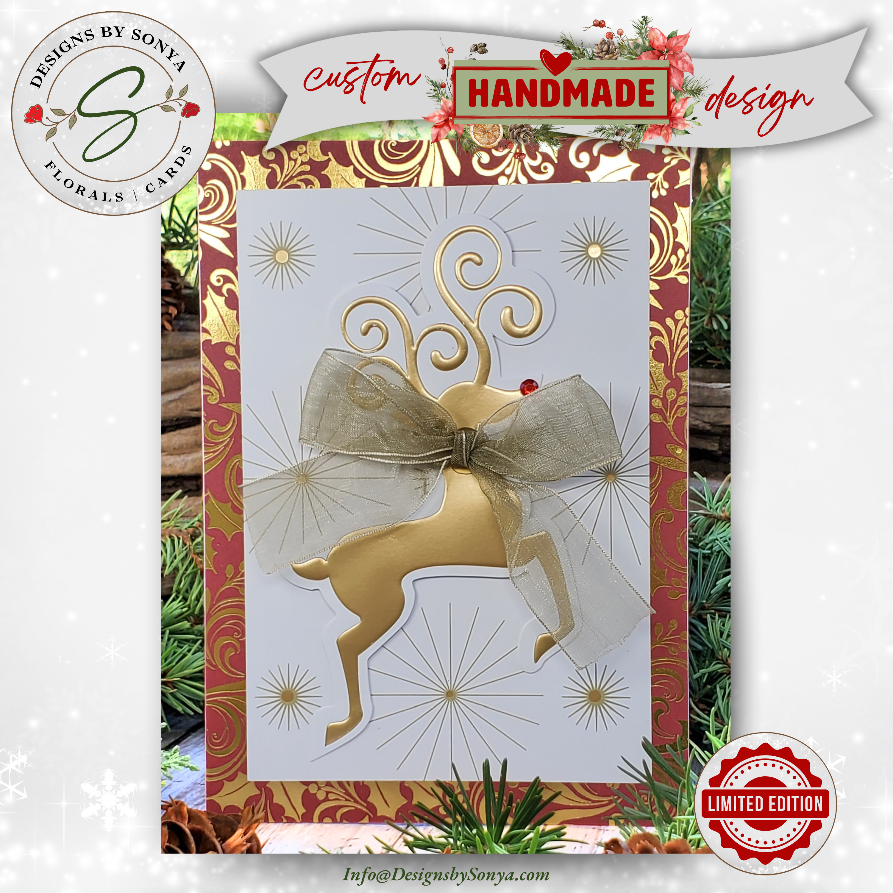Luxury Handcrafted A7 Christmas Card – Elegant Gold Reindeer with Sheer Bow | Merry Christmas & Happy New Year Greeting Card