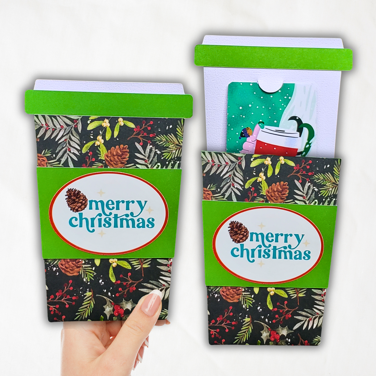 Handmade Christmas Gift Card Holder | Coffee Cup Gift Card Holder for Teachers, Coworkers & Coffee Lovers | Pinecone & Evergreen Design