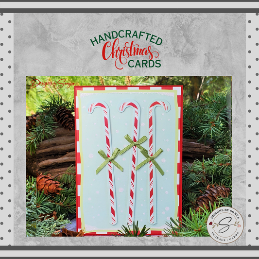LIMITED EDITION | Festive and Unique | 5" x7" Candy Cane Christmas Card | 1/2" Green Hand Tied Bows | Handcrafted Layered Holiday Greetings