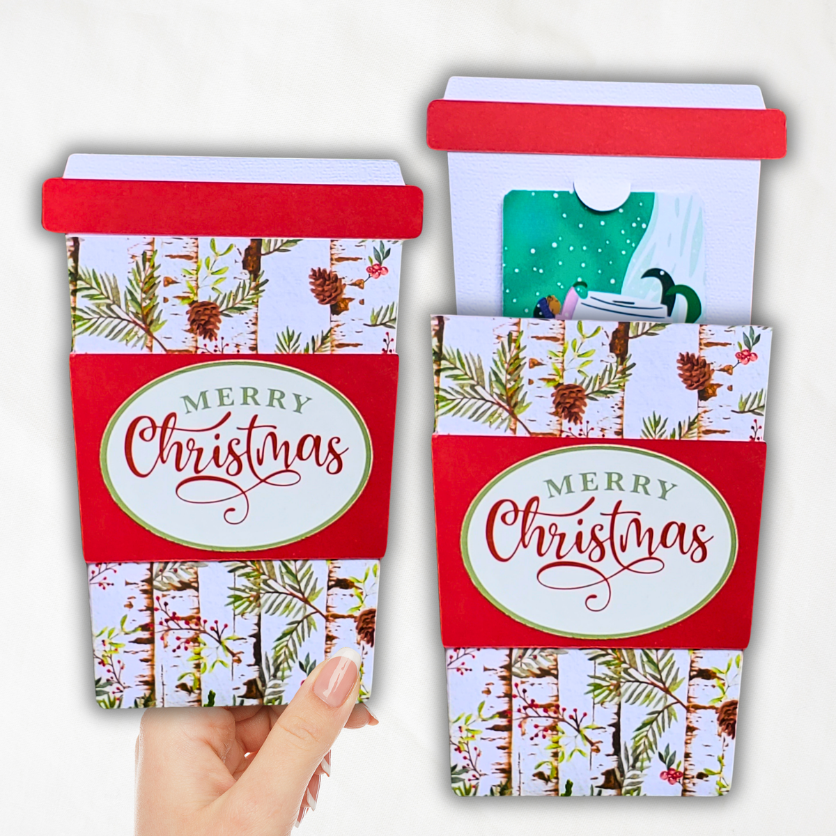 Handmade Christmas Gift Card Holder | Coffee Cup Gift Card Holder for Teachers, Coworkers & Coffee Lovers | Rustic Birch Tree & Pinecone Design