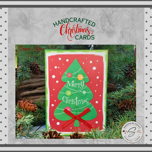 LIMITED EDITION | Festive 5" x7" Green Christmas Tree Embellished with a 1/4" Hand Tied Bow | Custom 3D Layered Holiday Greeting Card