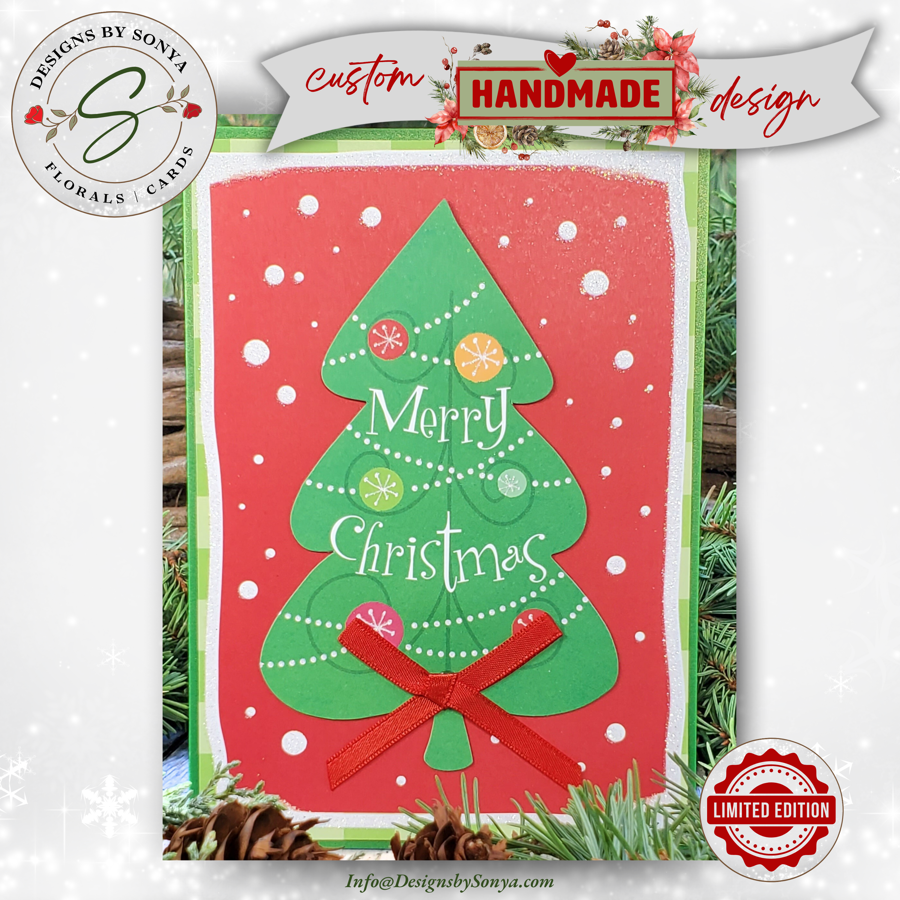 Handcrafted Merry Christmas Tree Card with Ribbon Bow | A7 Holiday Greeting Card | Limited Edition Handmade Christmas Card