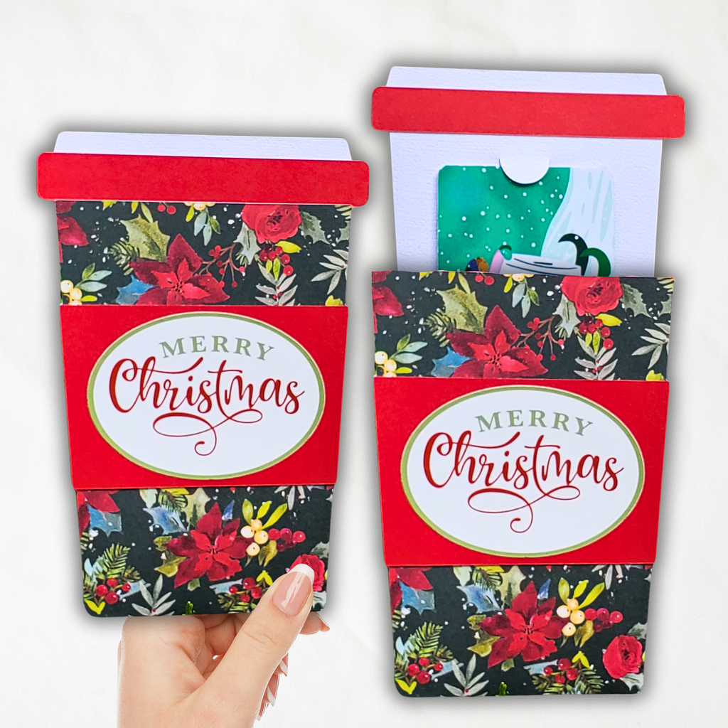 Handmade Christmas Gift Card Holder | Coffee Cup Gift Card Holder for Teachers, Coworkers & Coffee Lovers | Red Poinsettia Holiday Floral Design