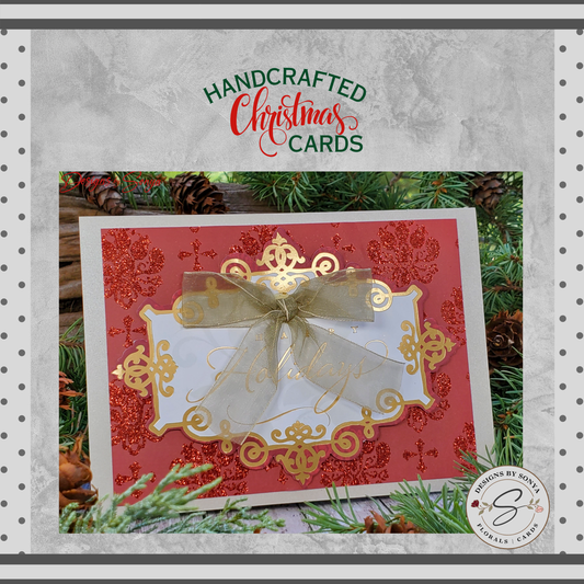 LIMITED EDITION | Festive Red & Gold Shimmering | 5" x7" Happy Holidays | 3D Layered Christmas Card Greetings | Gold Bow | Custom Designed
