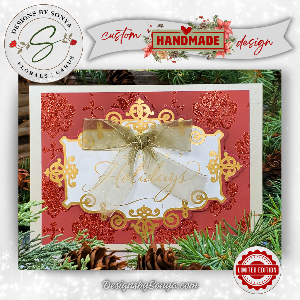 Limited Edition Red & Gold Happy Holidays Card – Handmade A7 Christmas Greeting with Glitter & Bow – Elegant 5x7” Keepsake