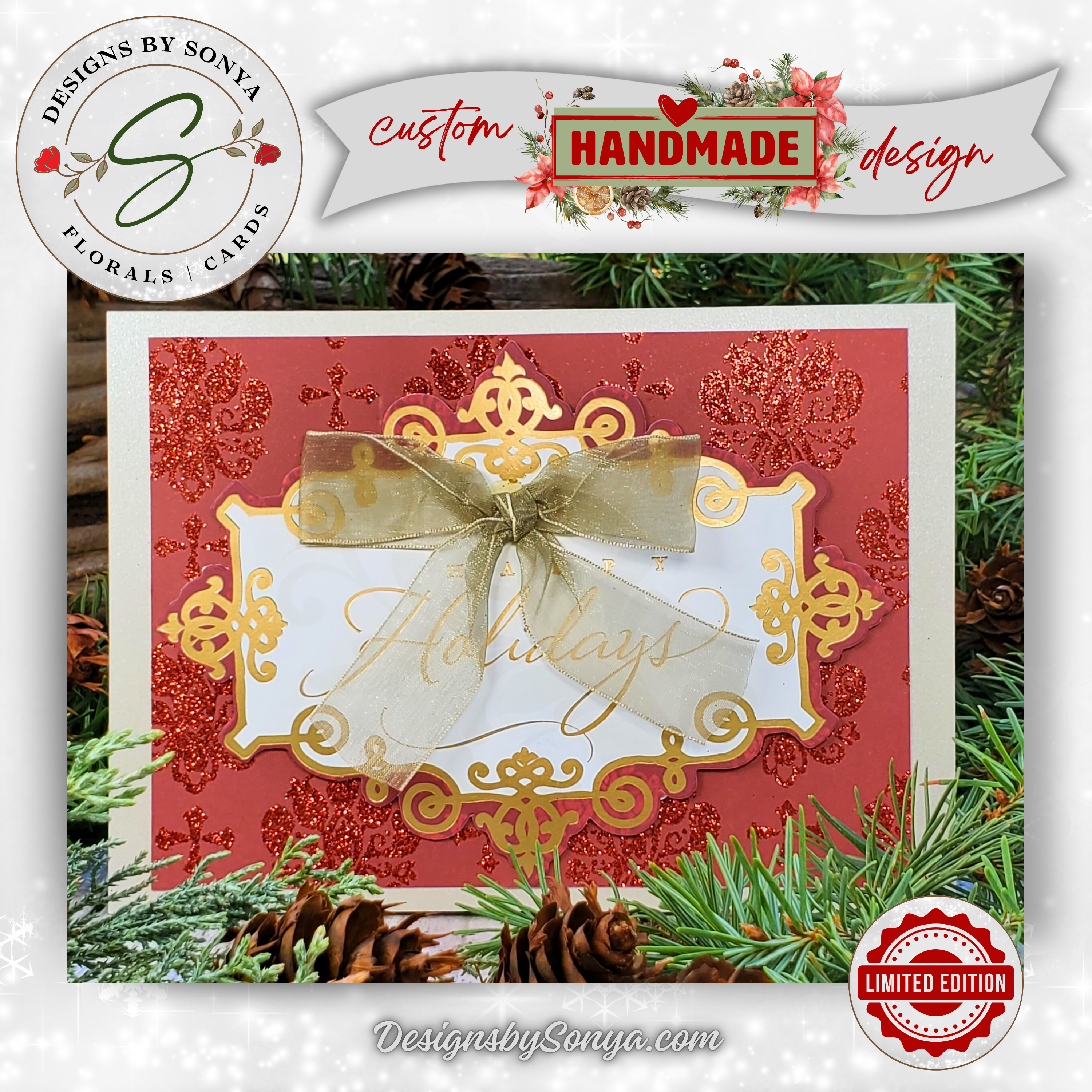 Limited Edition Red & Gold Happy Holidays Card – Handmade A7 Christmas Greeting with Glitter & Bow – Elegant 5x7” Keepsake