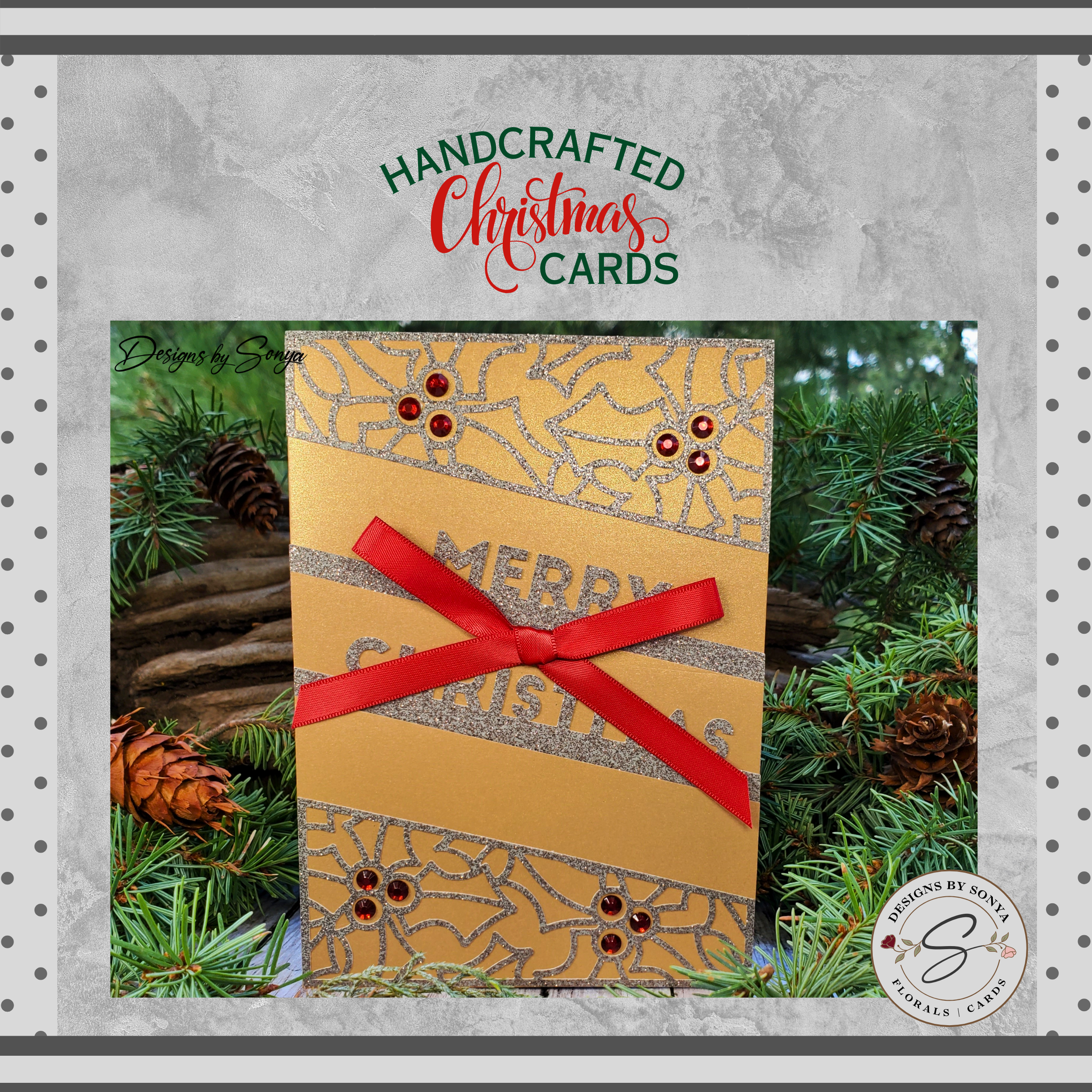 Handcrafted Gold Glitter Christmas Card with Red Bow | A7 Holiday Greeting with Holly, Rhinestones & Printed Interior Message