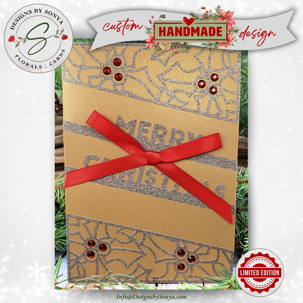 Handcrafted Gold Glitter Christmas Card with Red Bow | A7 Holiday Greeting with Holly, Rhinestones & Printed Interior Message