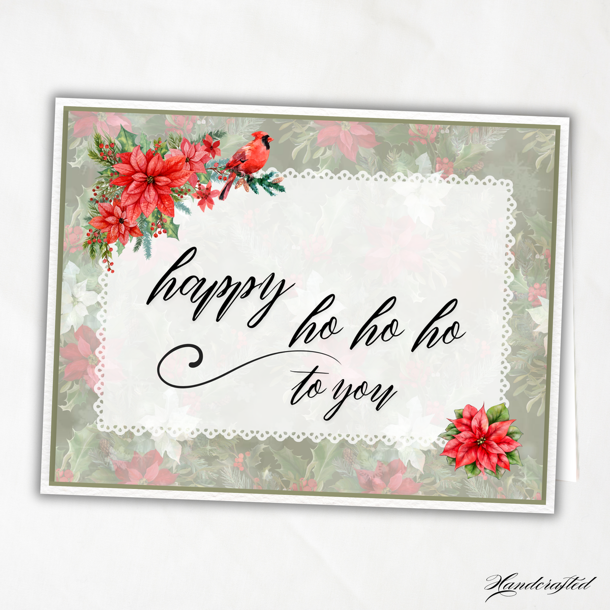 Handcrafted Christmas Notecard with Cardinal & Poinsettias | Happy Ho Ho Ho to You Holiday Greeting Card Blank Inside | Winter Stationery