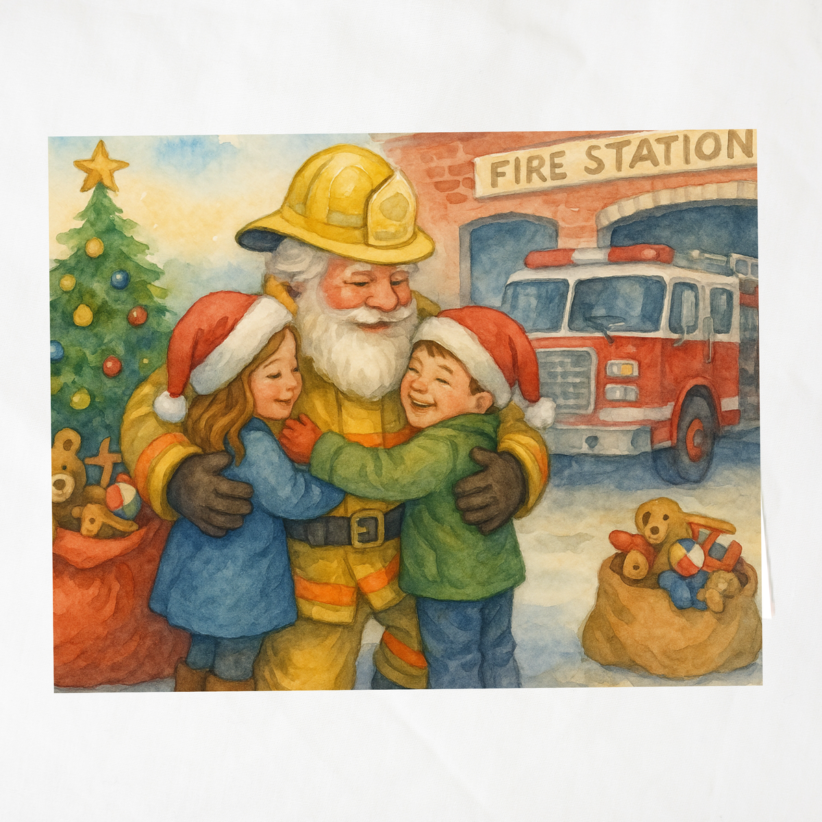 Printable Fireman Santa Christmas Card, Firefighter Holiday Greeting, A2 Card (5.5”x4.25”), First Responder Gift, Watercolor Station Scene, Honor the Heroes