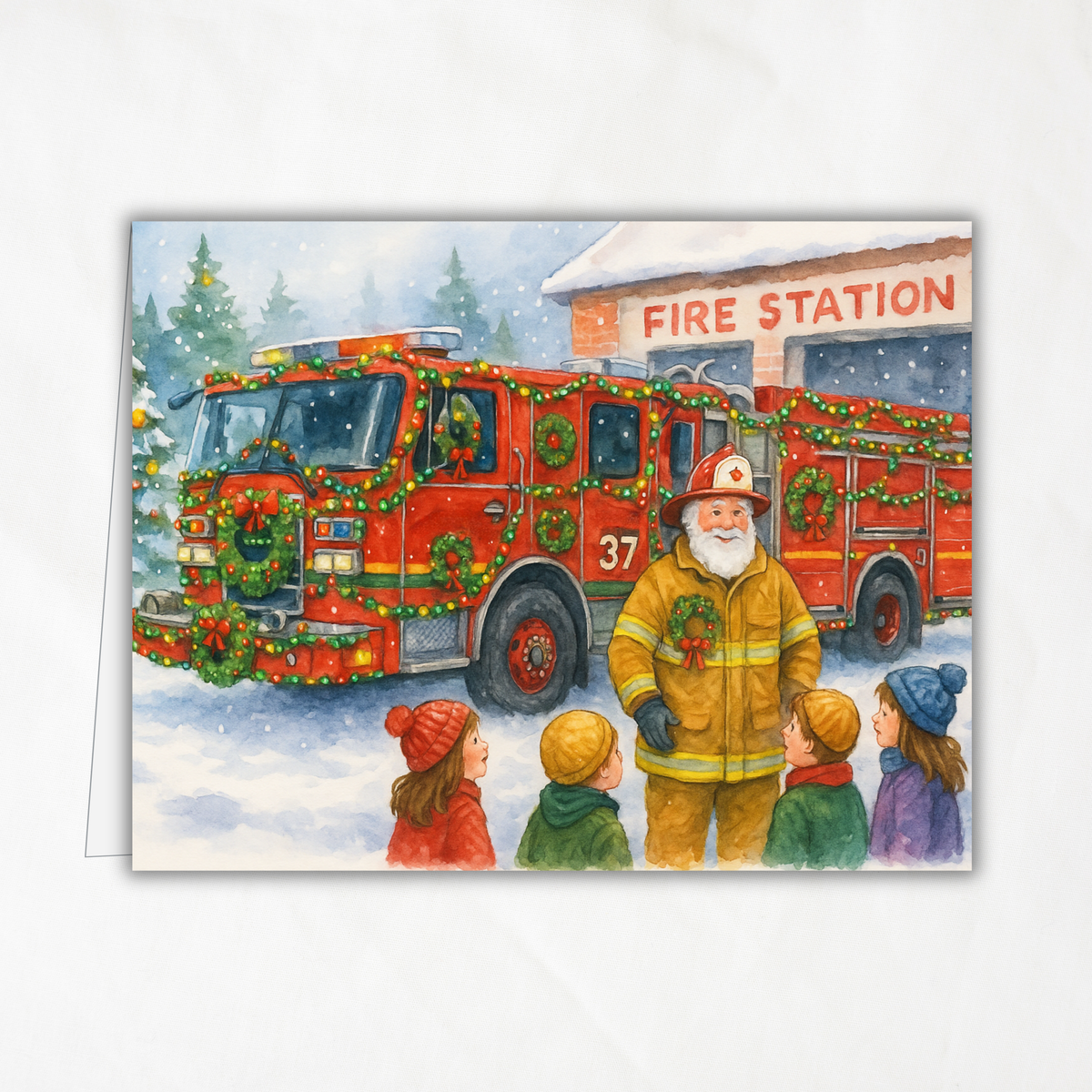 Engine 37 Firetruck Christmas Card Printable | A2 Holiday Card | Honor the Heroes Collection | Fire Station Santa Greeting Card | Envelope Liner