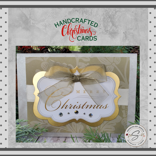 LIMITED EDITION | Elegant Handmade Merry Christmas Card | Luxury Holiday Greeting Gold Accents, Sheer Ribbon Bow, Rhinestones, Unique Design