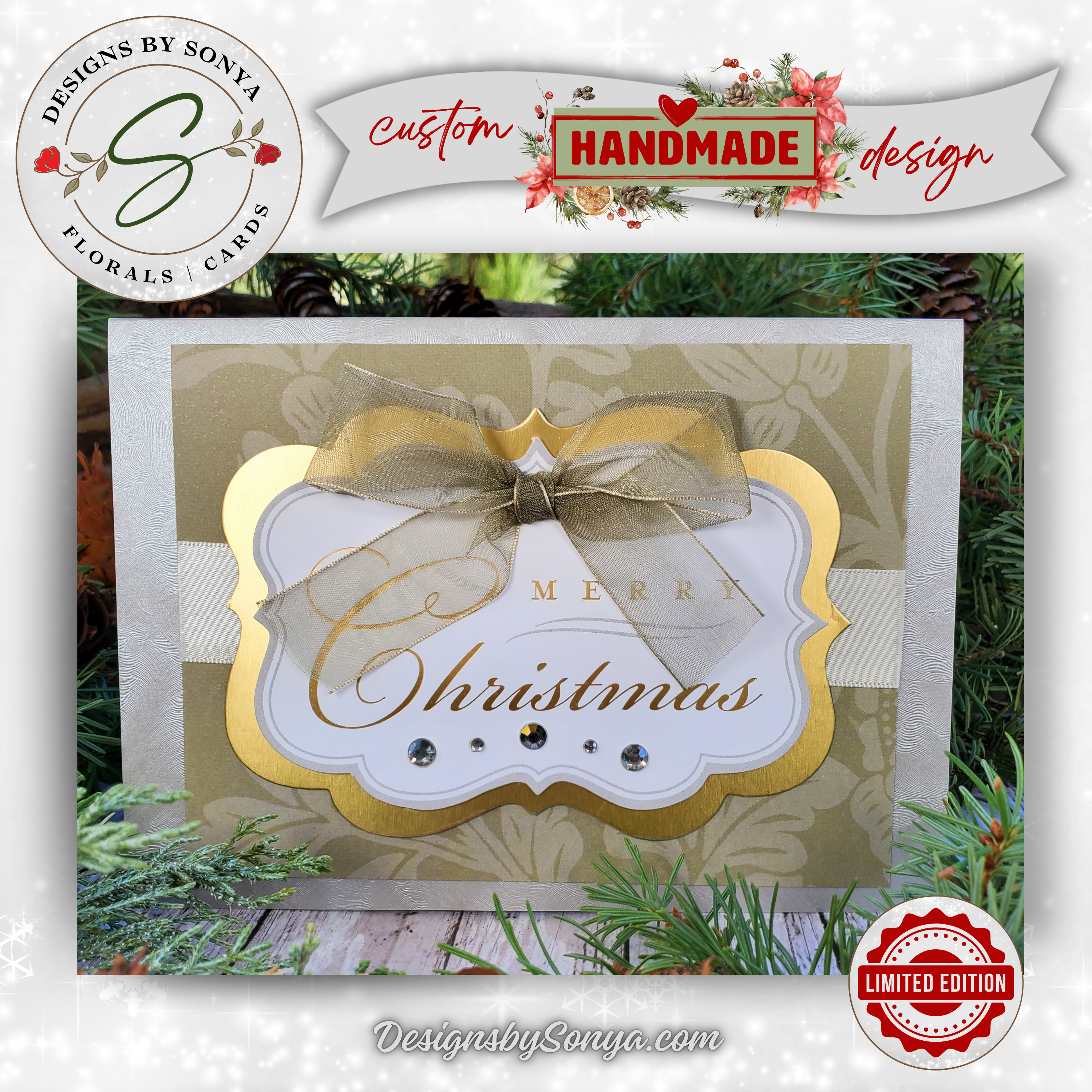 Gold & Ivory Christmas Card with Bow and Rhinestones | Elegant A7 Handcrafted Holiday Greeting | Limited Edition Keepsake