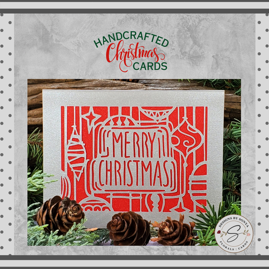 Silver and Red Art Deco Merry Christmas Card | Handcrafted A2 4-1/4" x 5-1/2" Holiday Greeting Card with Festive Ornament Design