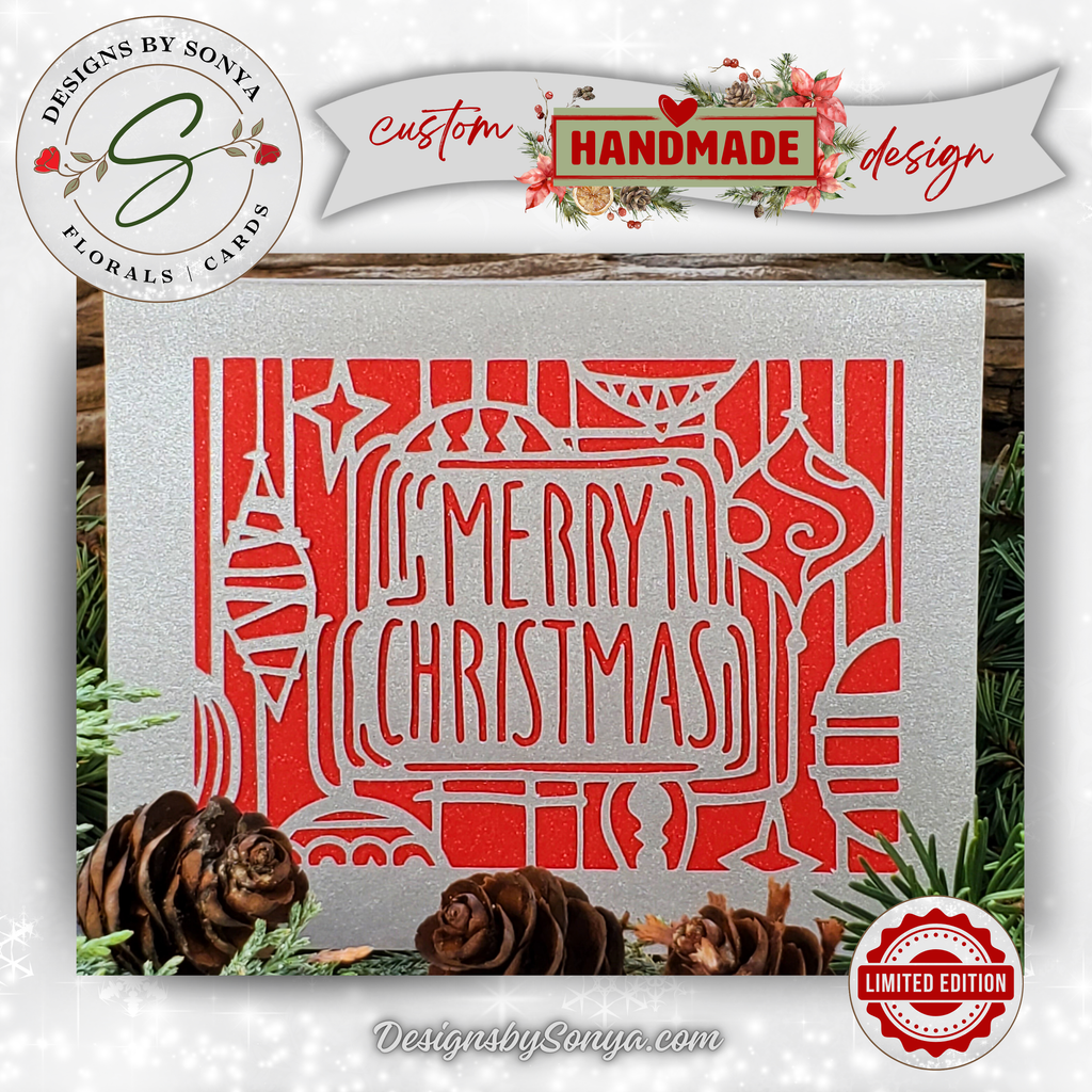 Silver Glitter Merry Christmas Card – Handmade A2 Holiday Greeting with Laser-Cut Ornaments & Printed Message