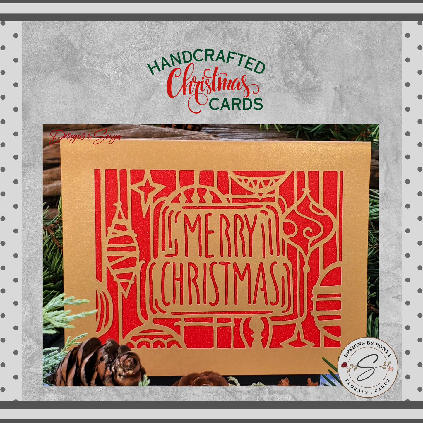 Gold Merry Christmas Card | A2 4.25"x5.5" Elegant Laser Cut Holiday Card | Unique Red and Gold Greeting Card | Festive Season's Greetings