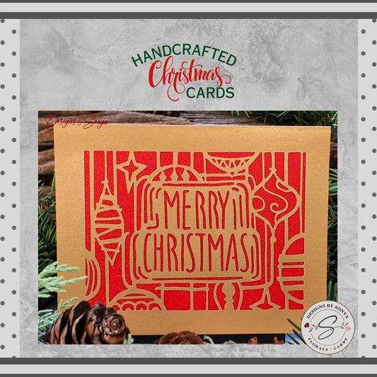 Gold Merry Christmas Card | A2 4.25"x5.5" Elegant Laser Cut Holiday Card | Unique Red and Gold Greeting Card | Festive Season's Greetings