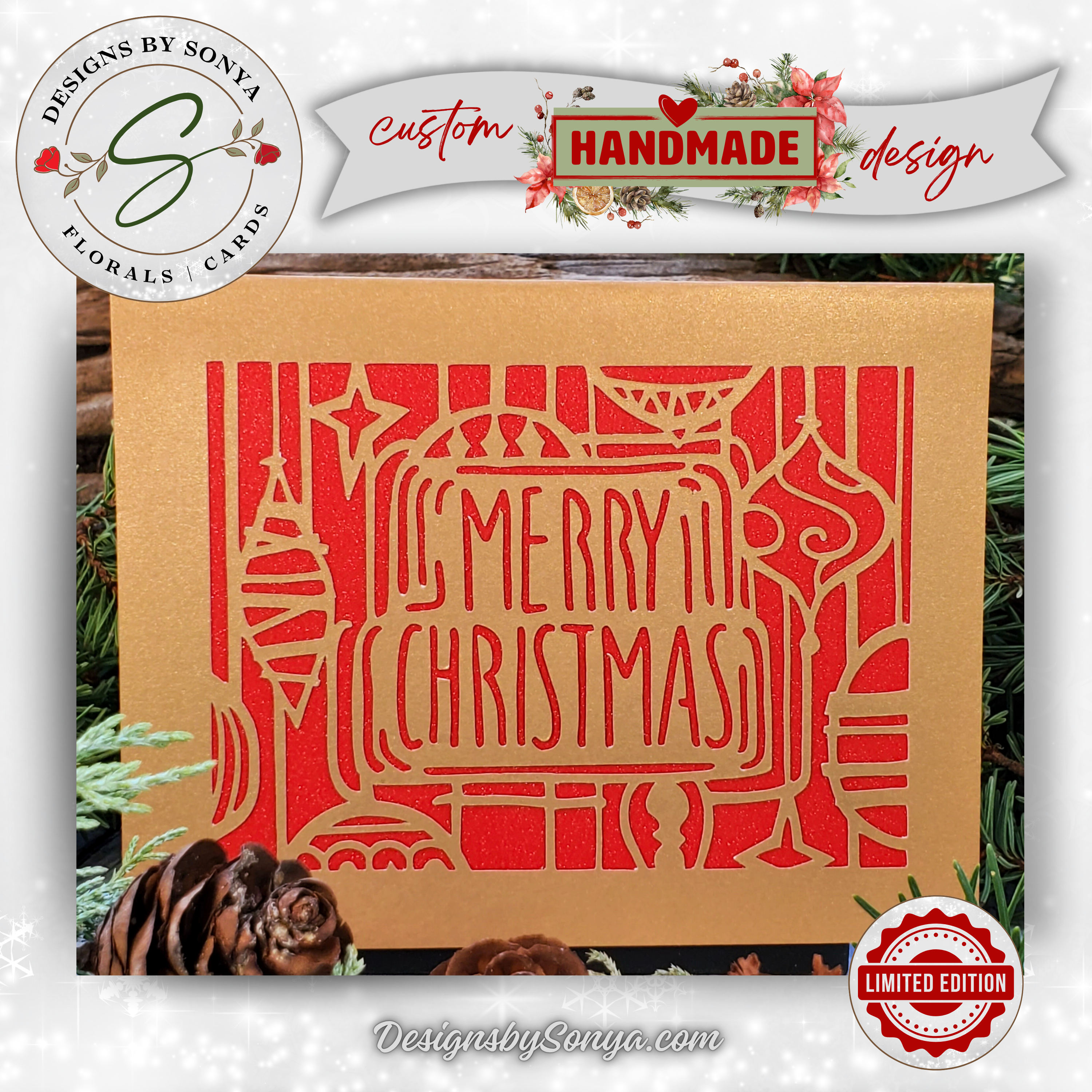 Merry Christmas Ornament Card – Handmade A2 Holiday Greeting in Red & Green with Script Font and Festive Backing – 5.5"x4.25" Card