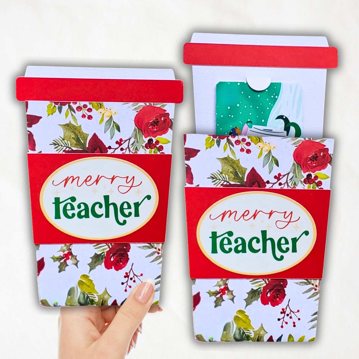 Handmade Christmas Gift Card Holder | Merry Teacher Coffee Cup Gift Card Holder | Teacher Appreciation Gift with Red Holiday Florals