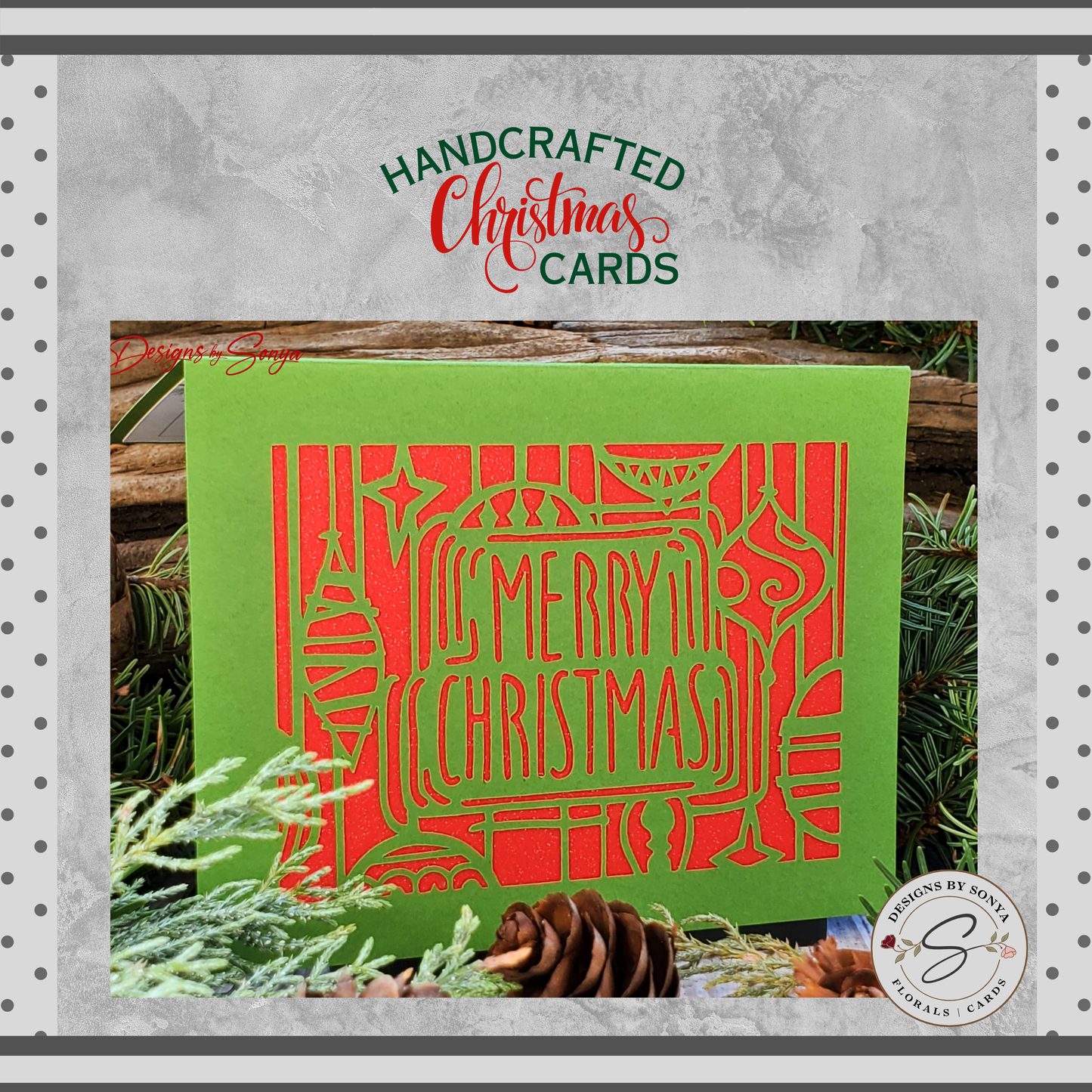 Elegant Merry Christmas Card | Handcrafted A2 - 4.25"x5.5" | Unique Green and Red Laser Cut | Festive Holiday Season's Greetings Card