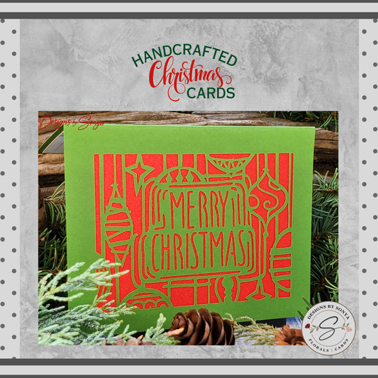 Elegant Merry Christmas Card | Handcrafted A2 - 4.25"x5.5" | Unique Green and Red Laser Cut | Festive Holiday Season's Greetings Card