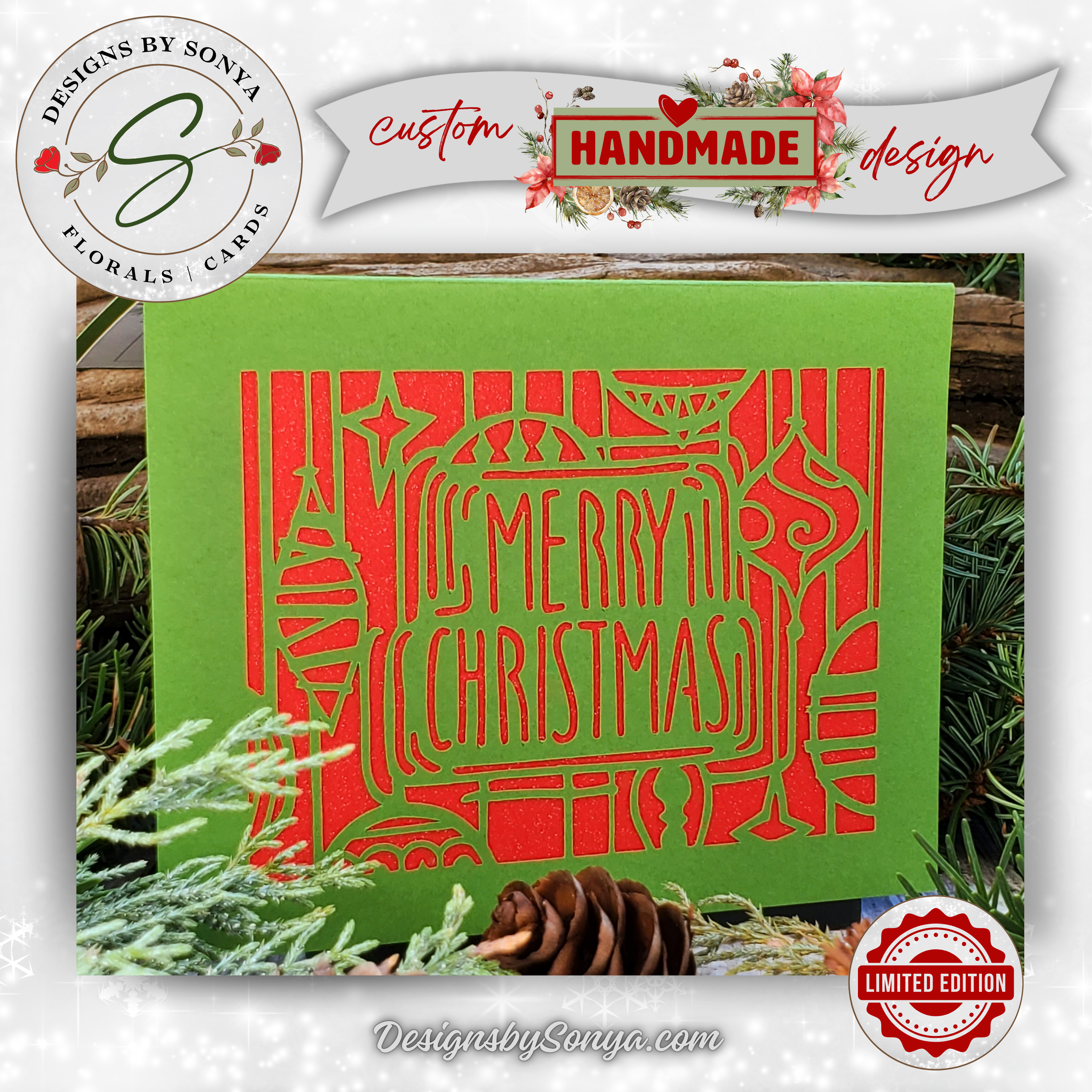 Retro Merry Christmas Card – Handmade A2 Holiday Card with Red Glitter & Ornament Cutouts – 5.5"x4.25" Festive Greeting