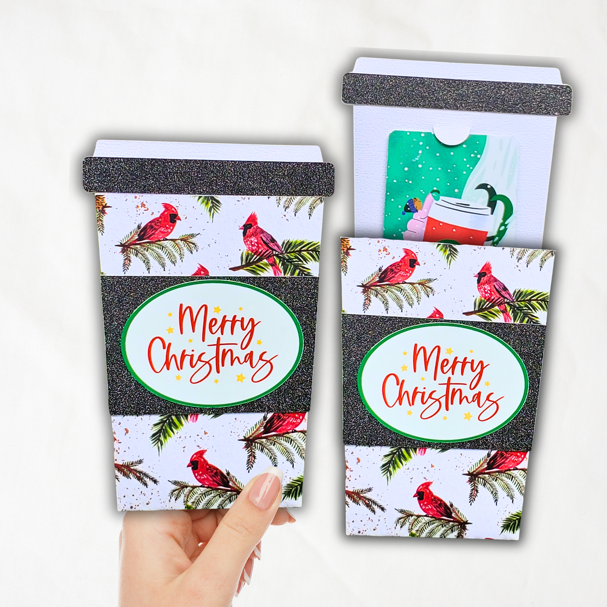 Handmade Christmas Gift Card Holder | Coffee Cup Gift Card Holder for Teachers, Coworkers & Coffee Lovers | Red Cardinal Merry Christmas Design