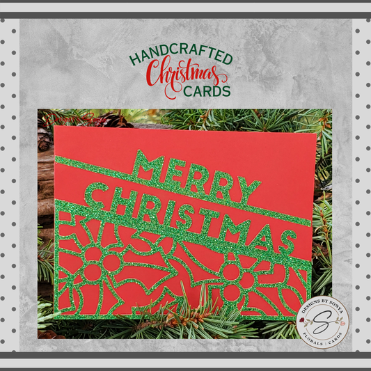 Festive Merry Christmas Card | A2 4.25"x5.5" Red and Green Glitter Holiday Card | Handcrafted Christmas Greeting Card | Warm Wishes Card