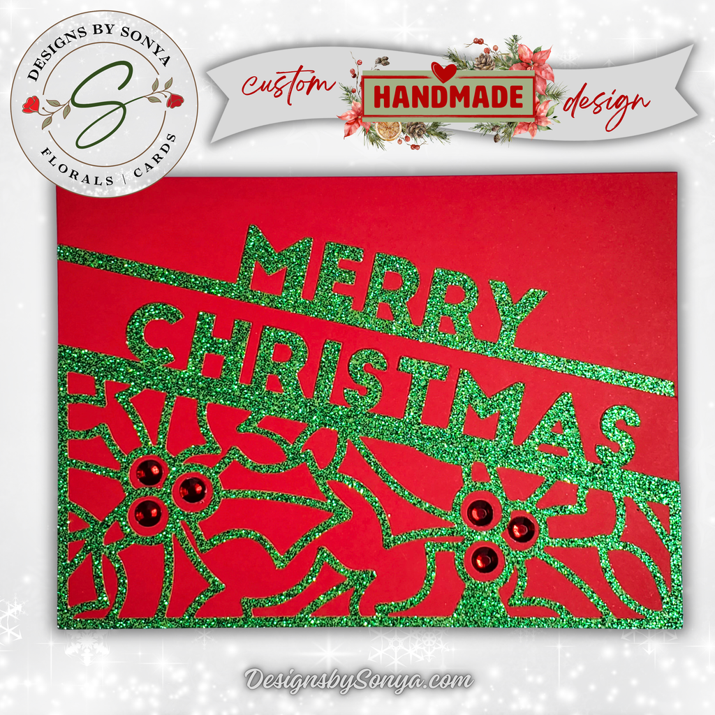 Handcrafted Red Base Merry Christmas Card – Green Glitter Holly Design, Holiday Greeting Message, Limited Edition Keepsake