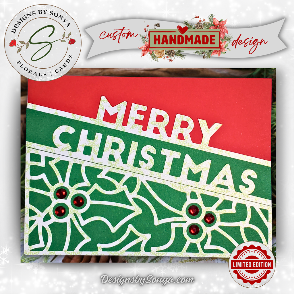 Merry Christmas Holly Card – Handmade A2 Holiday Greeting with Red Gems & Cutout Design – Limited Edition 5.5"x4.25" Card