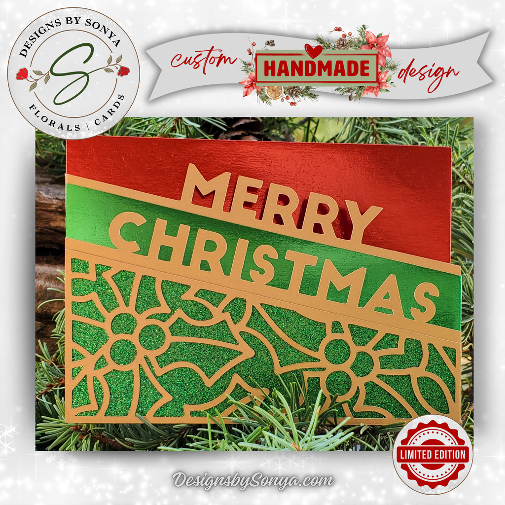 Foil Merry Christmas Card – Red & Green A2 Greeting with Gold Holly Overlay, Handcrafted Holiday Message, Limited Edition Keepsake