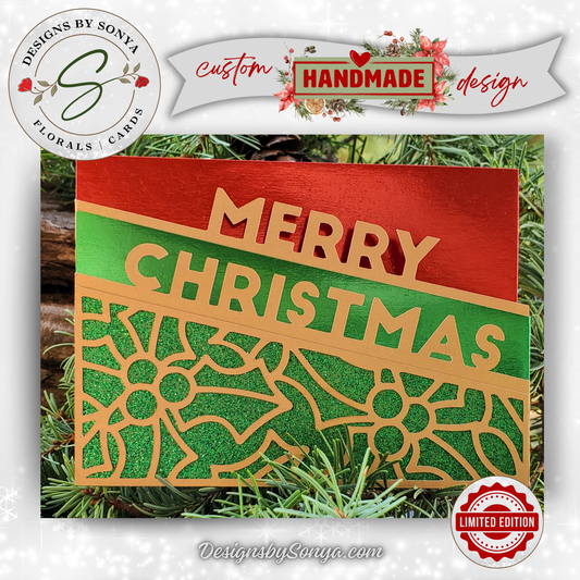 Foil Merry Christmas Card – Red & Green A2 Greeting with Gold Holly Overlay, Handcrafted Holiday Message, Limited Edition Keepsake