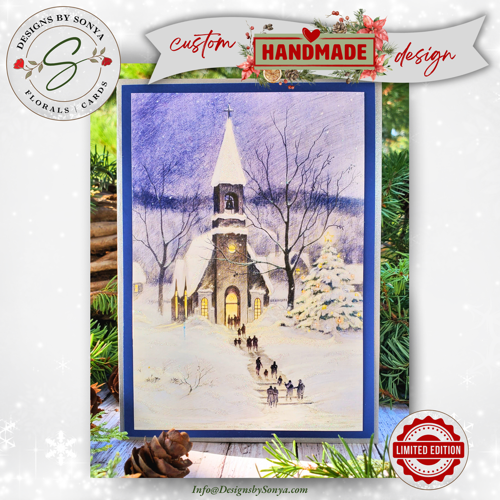 Handmade Christmas Card with Snowy Church Scene & Religious Message – Elegant Winter Holiday Greeting with Silver-Lined Envelope
