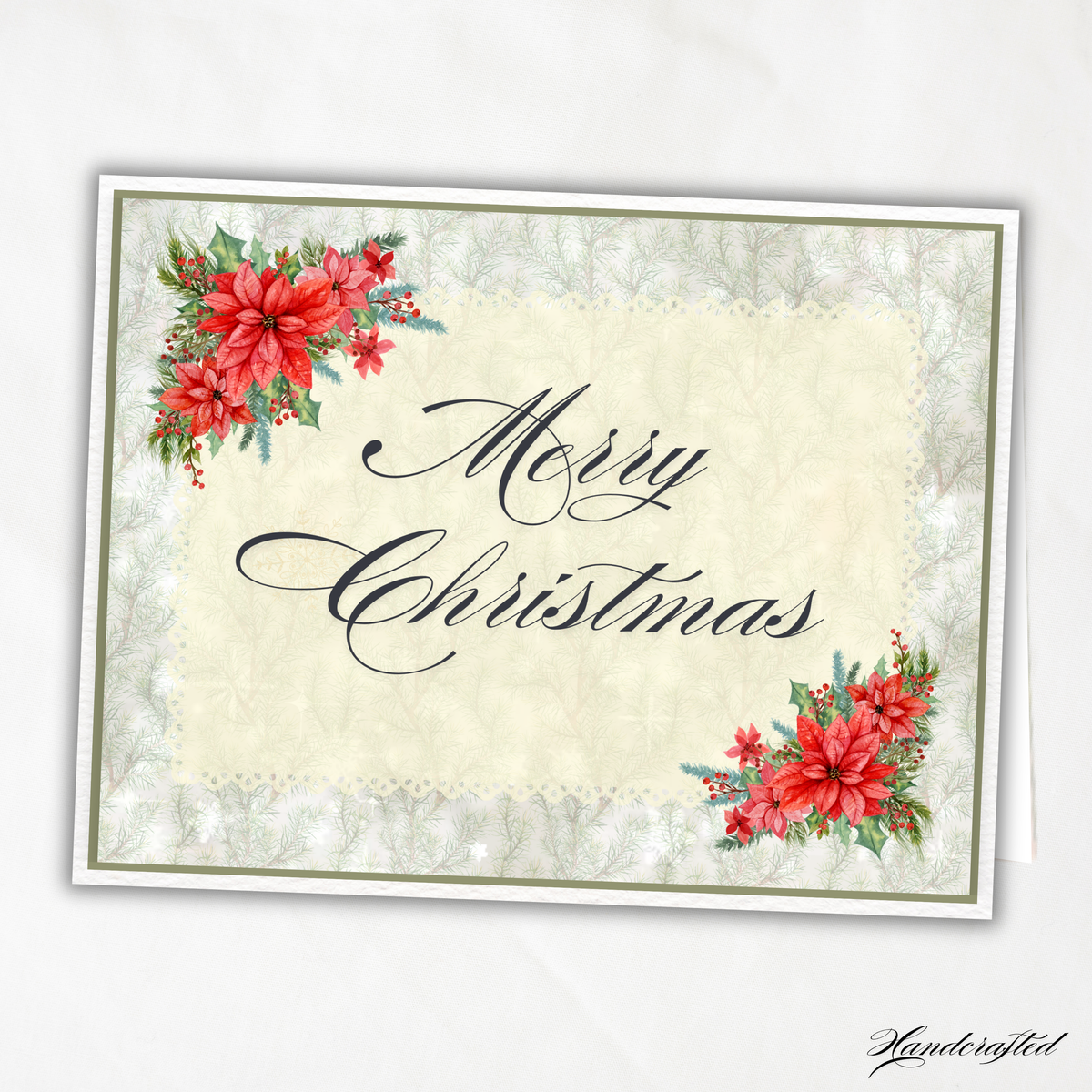 Handcrafted Merry Christmas Notecard with Poinsettias | Elegant Holiday Greeting Card Blank Inside for Personal Messages | Winter Stationery