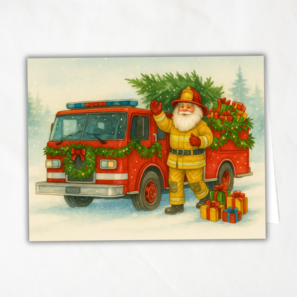 Firefighter Christmas Printable Greeting Card | Fireman Santa & Firetruck | First Responder Holiday Card | A2 PDF