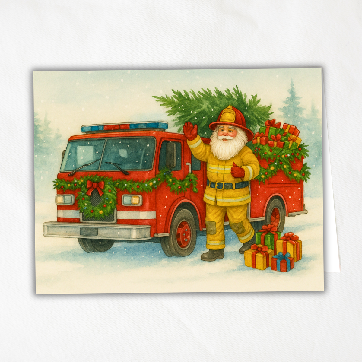 Printable Fireman Santa Christmas Card, Firefighter Holiday Greeting, A2 (5.5”x4.25”), First Responder Gift, Watercolor Fire Truck Scene