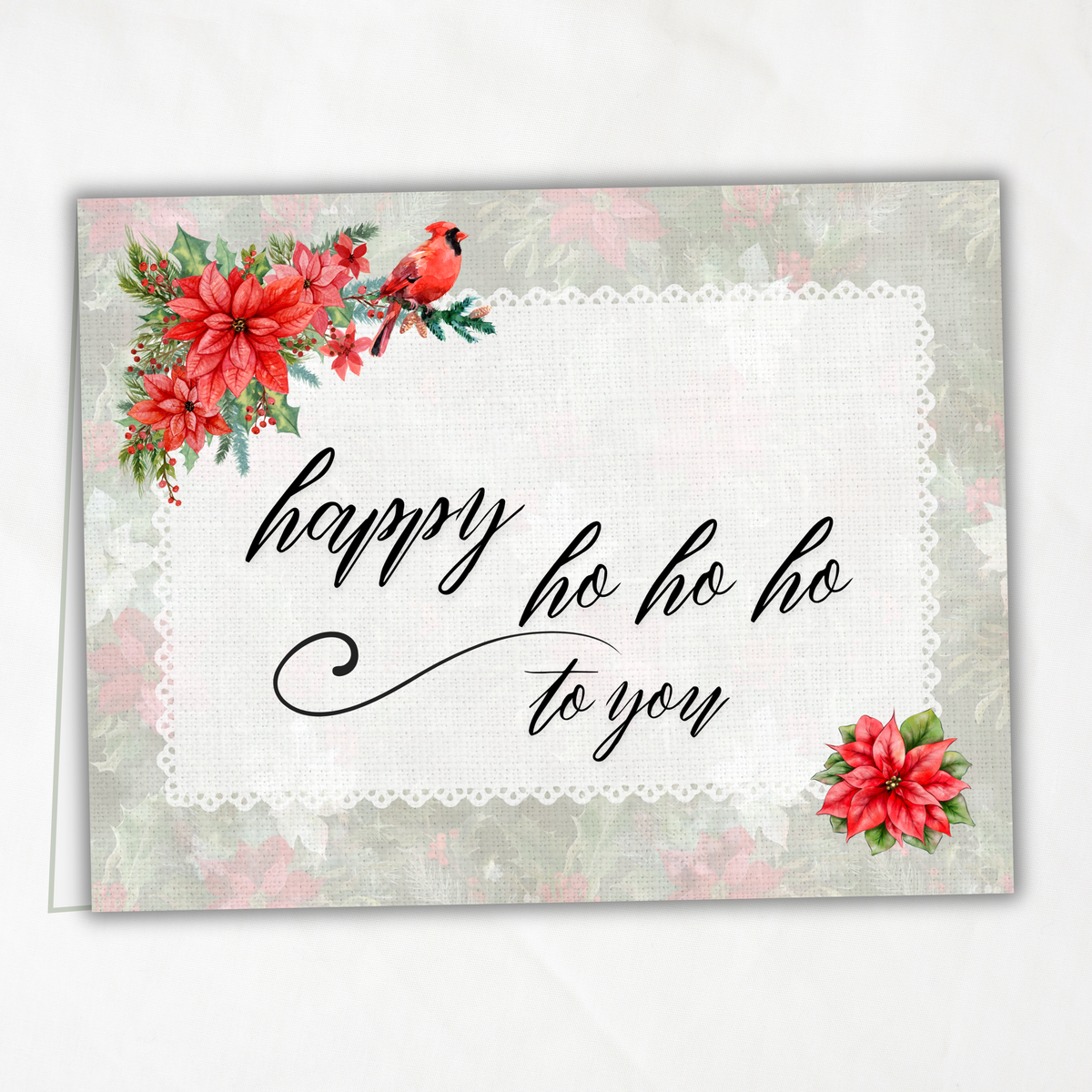 Printable Christmas Card • Watercolor Poinsettias with Cardinal • Happy Ho Ho Ho to You • A2 Holiday Note Card • Winter Floral Holiday Stationery
