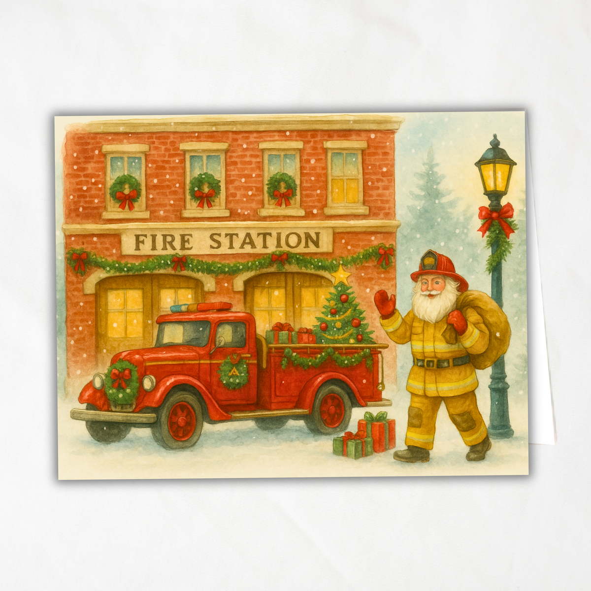 Printable Fireman Santa Christmas Card, Firefighter Holiday Greeting, A2 (5.5”x4.25”), First Responder Gift, Vintage Fire Station Scene