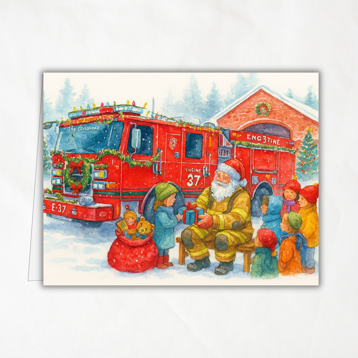 Engine 37 Printable Firetruck Christmas Card • Festive Firehouse Holiday Greeting • First Responder Santa Scene • Instant Download DIY