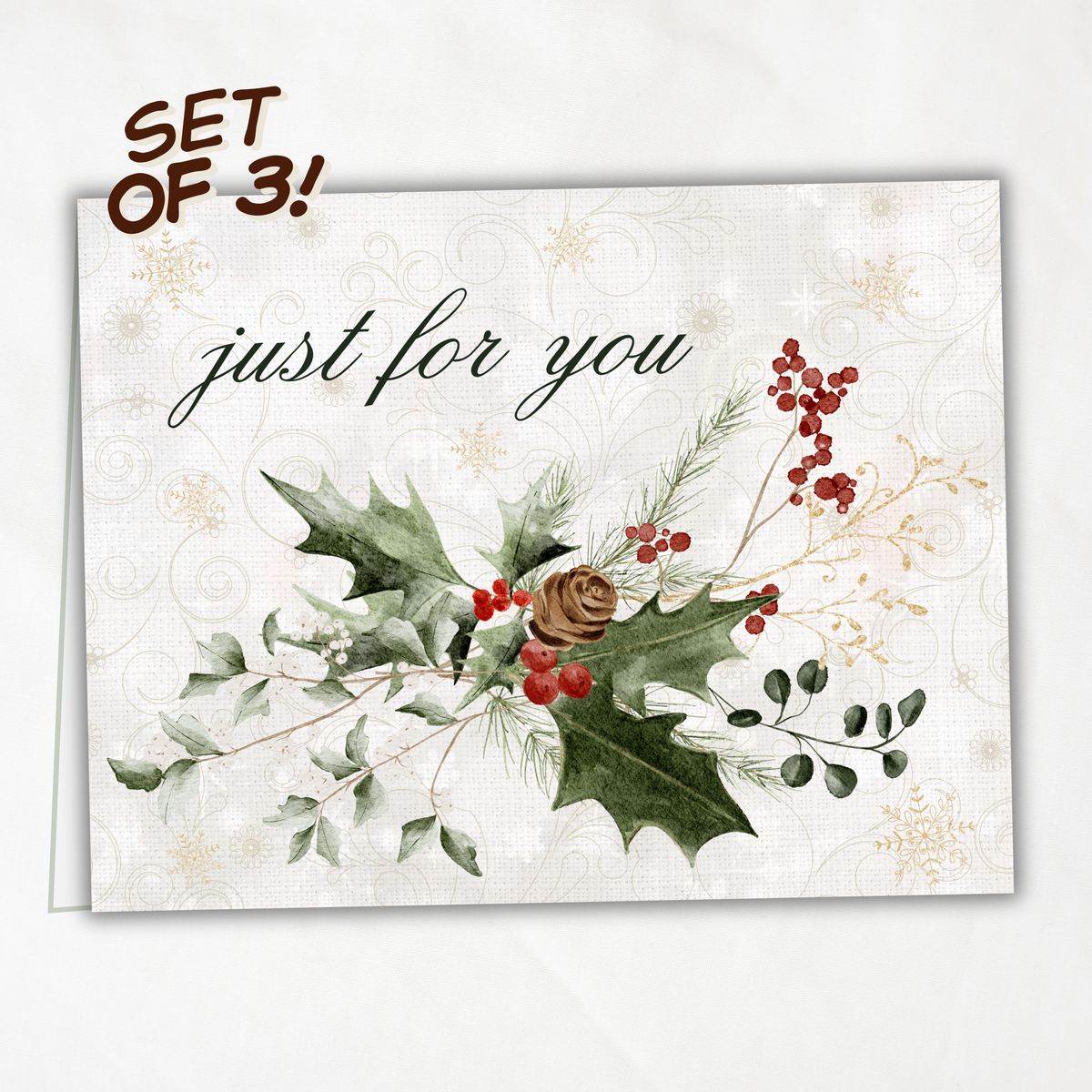 Printable Christmas Card Set of 3 • Watercolor Winter Florals • A2 Folded (5.5" x 4.25") Holiday Greeting Note Cards • Stationery Gift Set