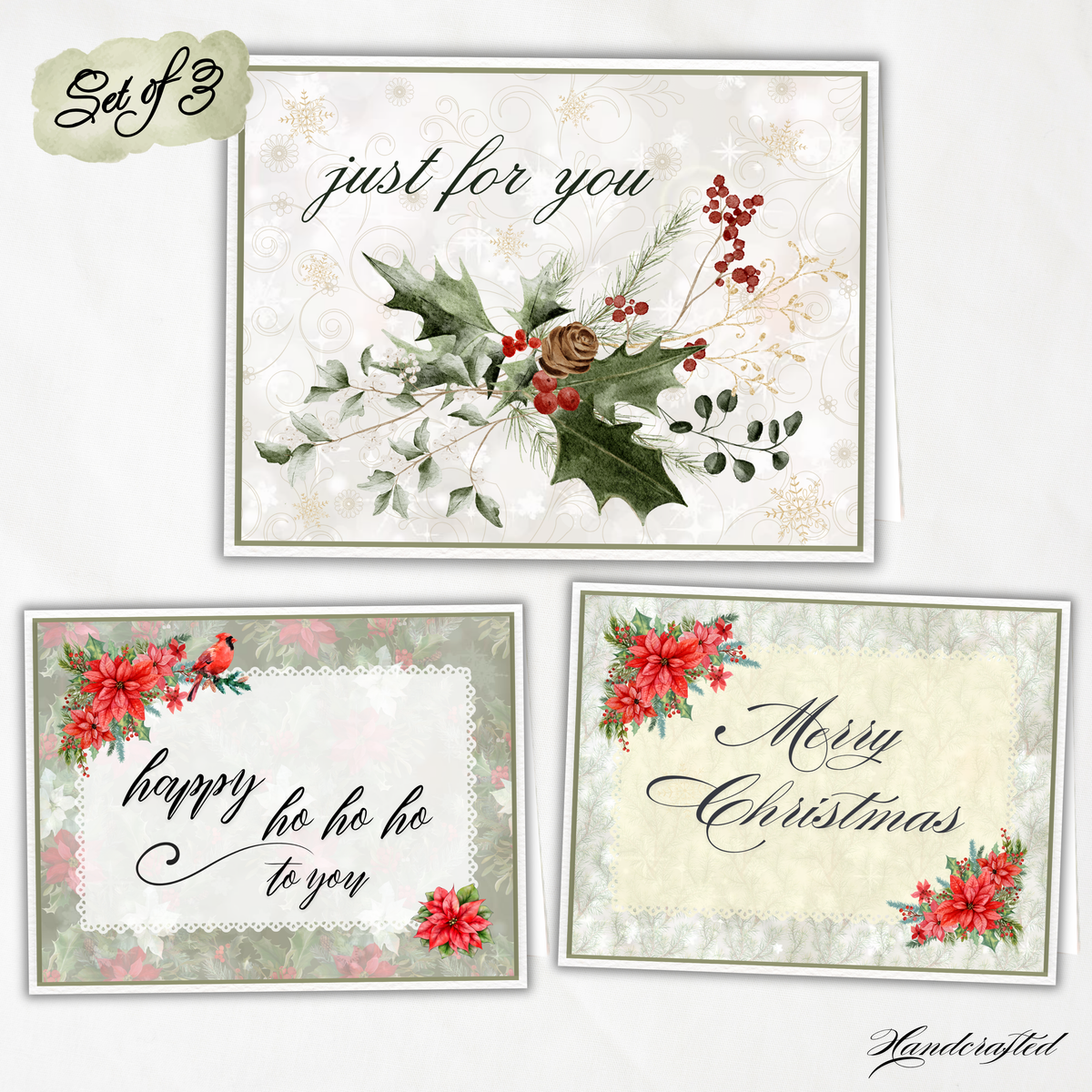 Set of 3 Handcrafted Christmas Notecards | Elegant Holiday Greeting Cards with Poinsettias, Holly & Cardinal | Blank Inside Stationery