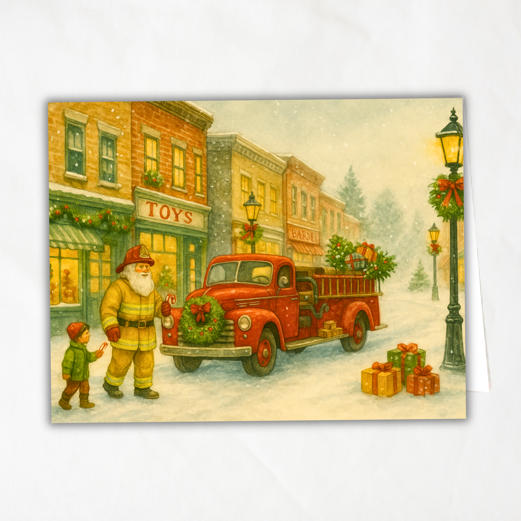 Printable Firefighter Christmas Card | Fireman Santa & Child | Vintage Firetruck Holiday Greeting Card | First Responder Christmas Printable
