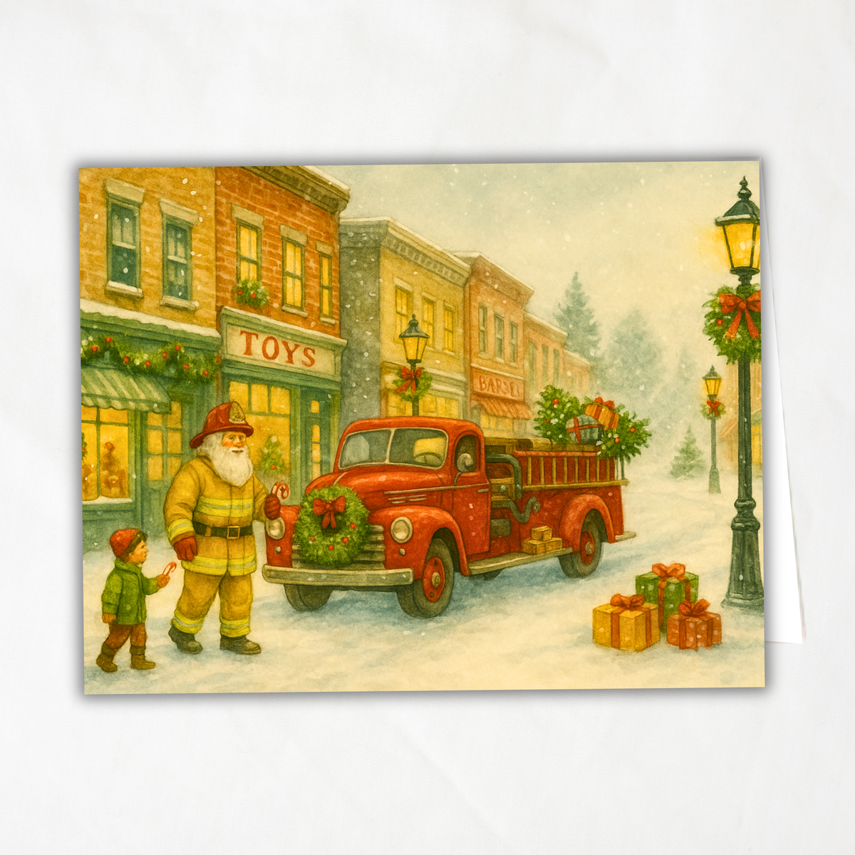 Printable Fireman Santa Christmas Card, Firefighter Holiday Greeting, A2 (5.5”x4.25”), First Responder Gift, Vintage Downtown Toy Shop Scene