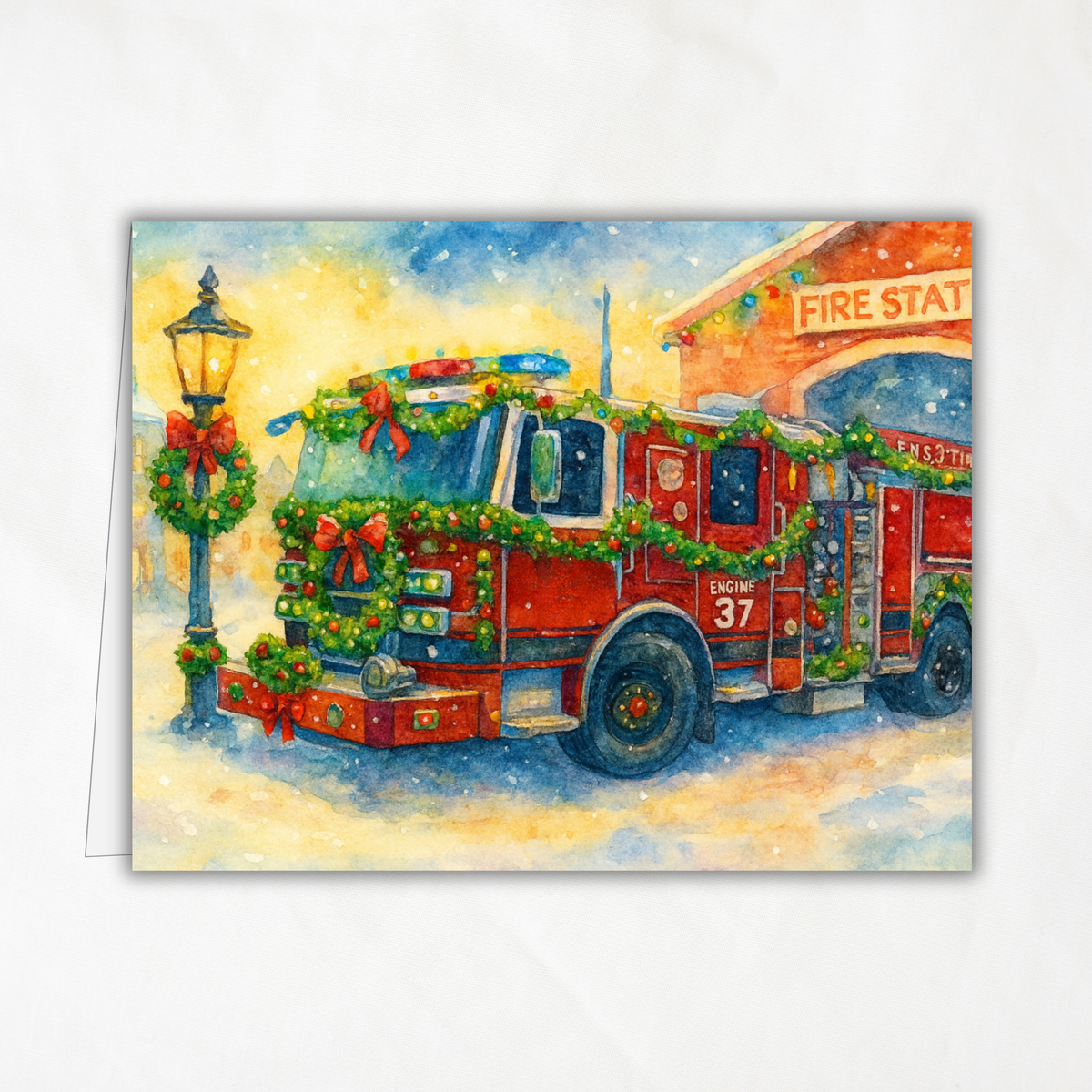 Engine 37 Printable Firetruck Christmas Card • Festive Firehouse Holiday Greeting • A2 (5.5"x4.25") • Garland-Wrapped Truck Scene • Instant Download DIY